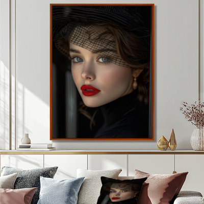 Femme noire et blanche avec des lèvres rouges II - mode femme, art mural sur toile, salon