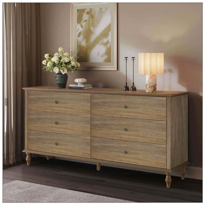Commode double 6 tiroirs en bois avec glissières à fermeture automatique, poignées en cuivre et colonne en bois massif