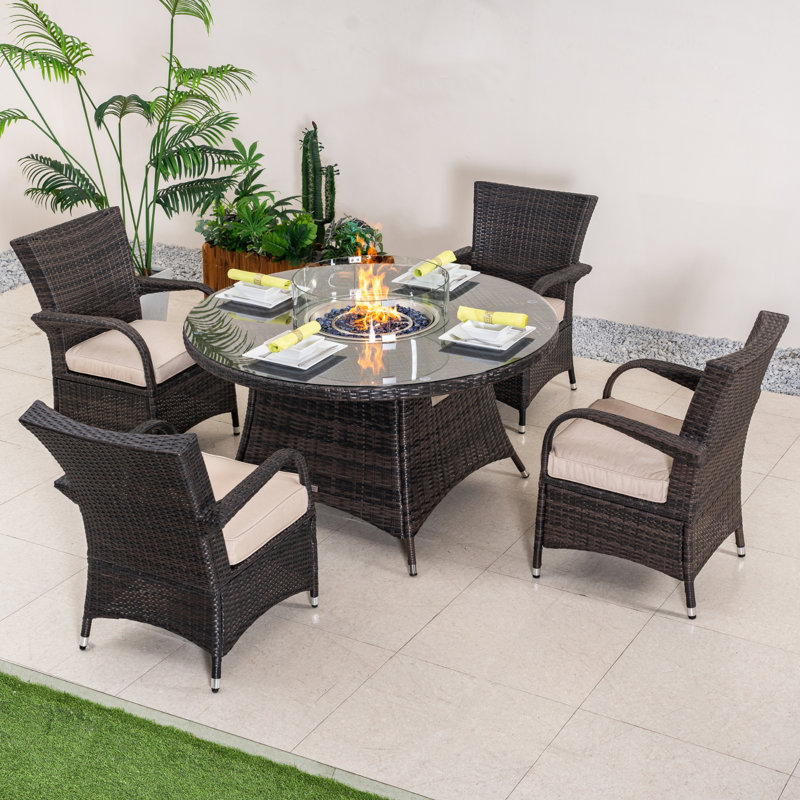 Ensemble de salle à manger pour 4 personnes avec table de foyer en osier, coussins inclus, Coussin beige / structure brune
