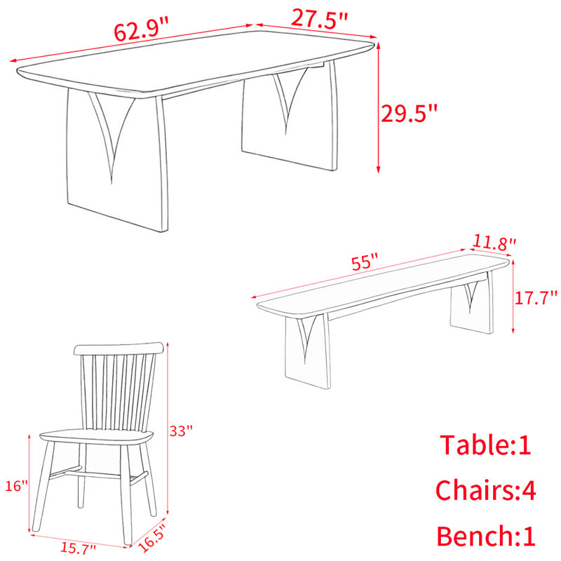 Ensemble de table de salle à manger rectangulaire moderne en bois massif, H 29,5 po x L 62,9 po x l 27,5 po