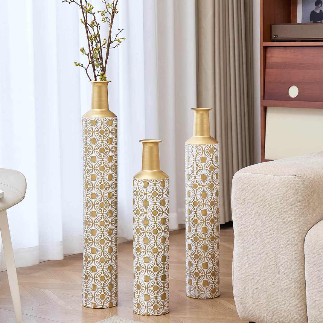 Medhansh White and Gold Floor Vase, Large Metal Floor Vase with Embossed Stripe Pattern, Antique White Finish (Set of 3) Everly Quinn
