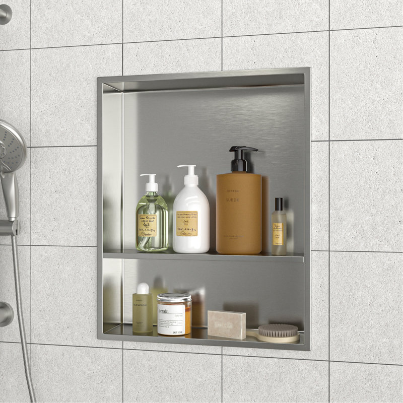 Double niche de douche en acier inoxydable, nickel brossé, H 3,94 po x l 21 po x P 17 po, Nickel brossé