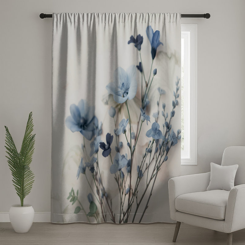 Rideaux de fenêtre délicats à fleurs bleues, voilages et voilages à motif floral - 1 panneau, Blockout, 50" x 80" - 1 Panel