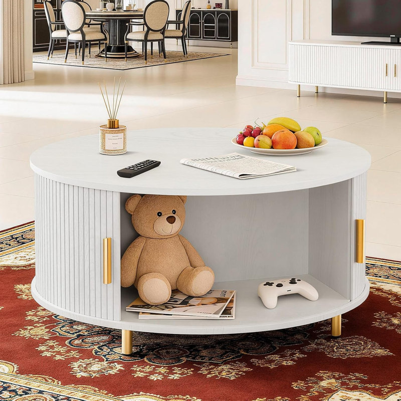 Round Coffee Table with Storage, 31.5" Mid Century Modern Coffee Table with 360° Curved Sliding Door, White
