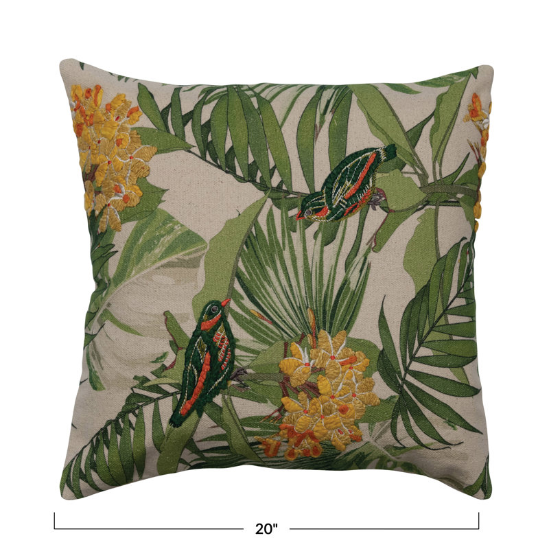Multicolor Cotton Embroidered Bird and Floral Euro Pillow Cover