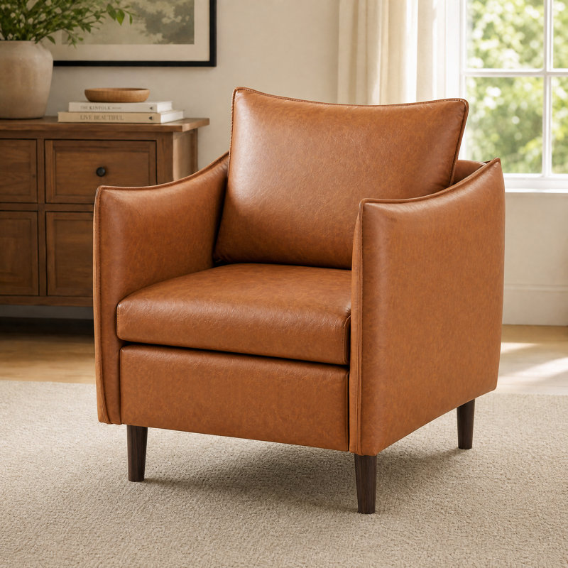 Modern Upholstered Faux Leather Armchair with Solid Wood Legs, Blue Faux Leather