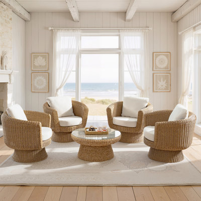 Anesty Coastal 5-Piece Living Room Set with 4-Rattan Swivel Armchairs and Coffee Table