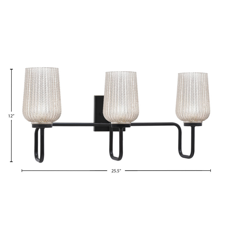 Amarmula 3 Light Bath Bar, Matte Black Finish, 5" Silver Textured Glass, Silver/Clear, Black
