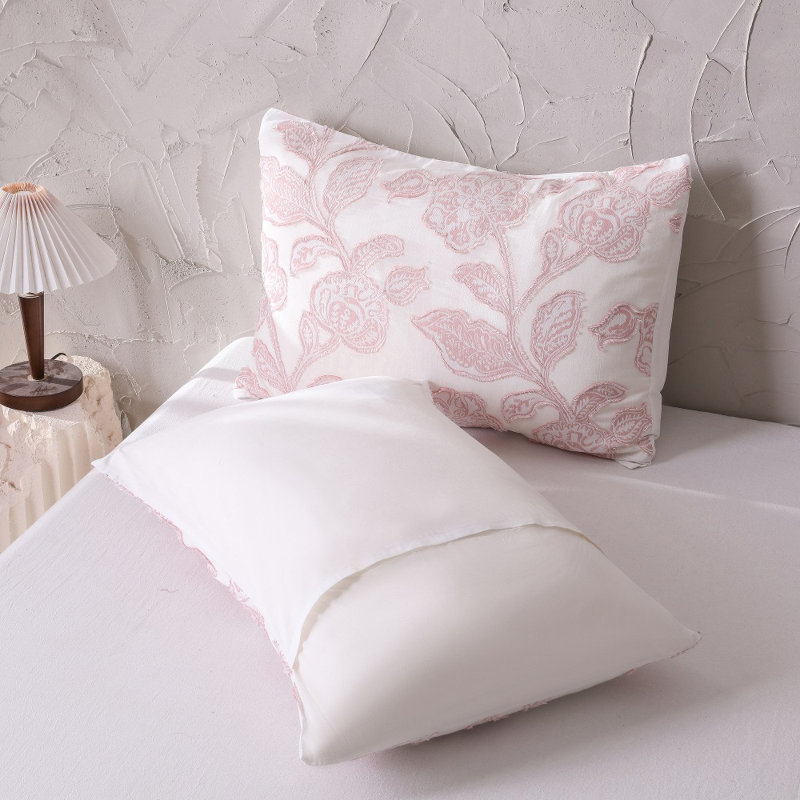 Ensemble d'édredon en coton jacquard 5 pièces, avec 2 taies décoratives et 2 taies décoratives européennes., Grand lit, Rose