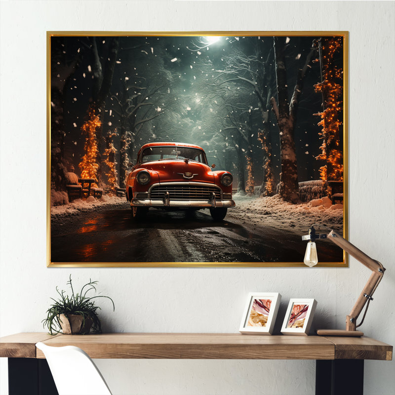 Voiture rouge américaine rouge classique - neige, art mural américain ancien, Cadre flottant doré