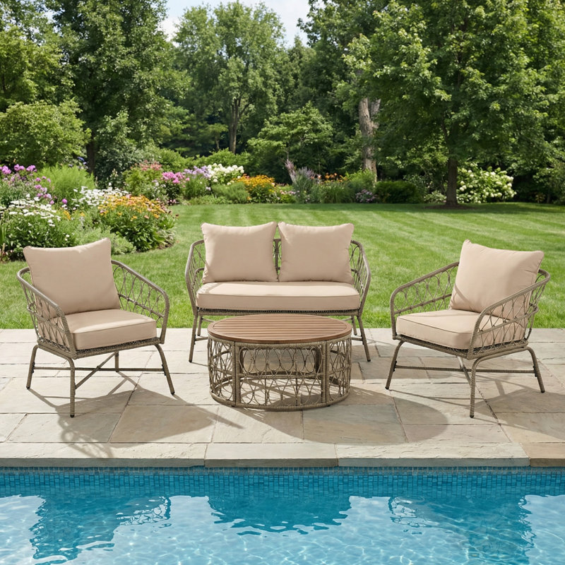 Ensemble de meubles de patio en rotin pour 4 personnes, ensemble de conversation d'extérieur avec coussins amovibles, ensemble de conversation avec plateau de table en bois