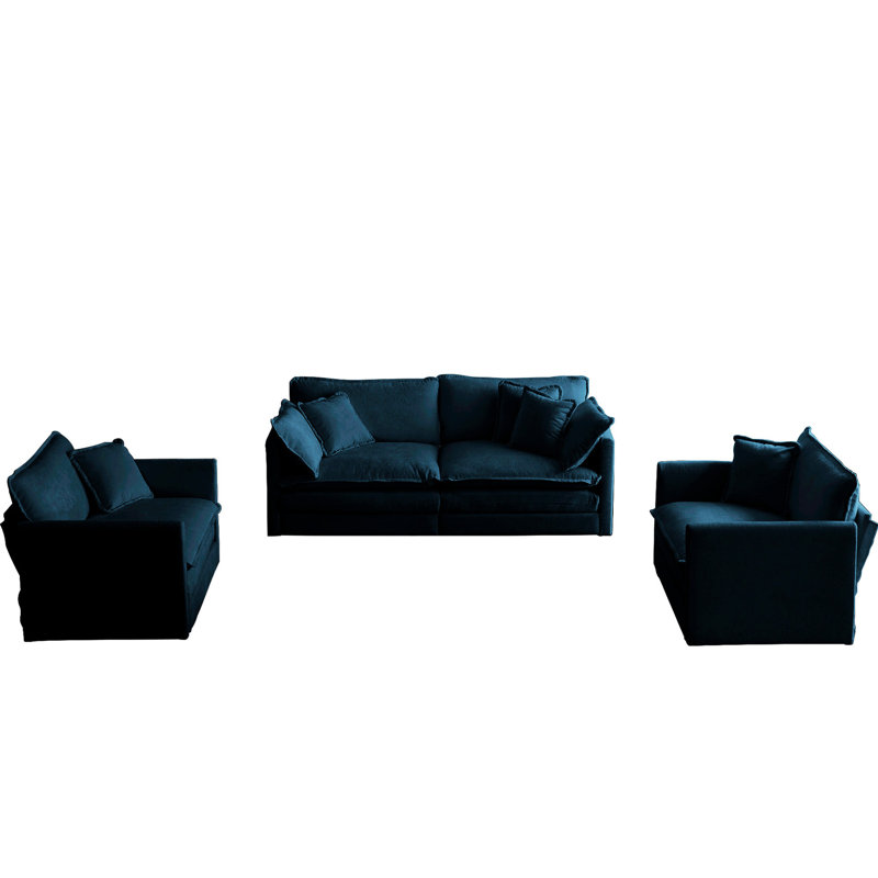 3 pièces en bleu, 2 chaises avec accoudoirs et 1 2, revêtement en chenille, fabrication en bois massif, matériau de qualité, éponge relaxante, pour salon bleu - coussins élégants et fabrication de jet respirant