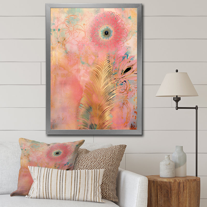 «Boho Glam Gold Feather», impression sur toile, H 44 po x l 34 po x P 1,5 po, Cadre simple argenté
