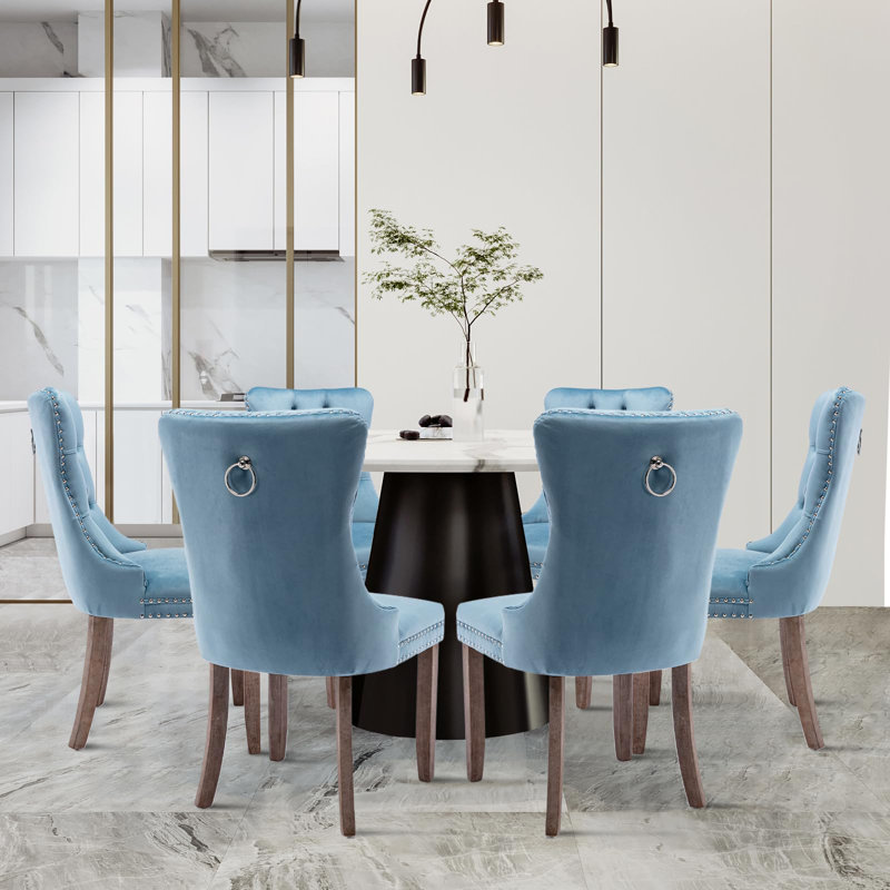 Light Blue Velvet Tufted Dining Chairs with Wood Legs, Set of 6