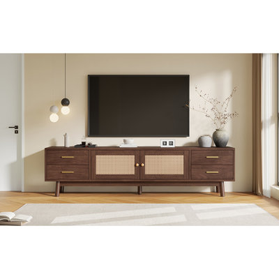 Meuble télé 70 po avec portes en rotin pour téléviseur de 80 po ou moins, console multimédia avec espace de rangement, 4 tiroirs et trous pour câbles, centre de divertissement pour le salon