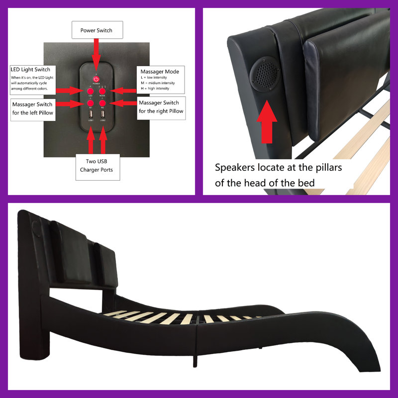 Modular King Size Upholstered Bed with LED Lights, Bluetooth Speakers & Massage Headboard - Adjustable Ambiance & Multi-Function Control