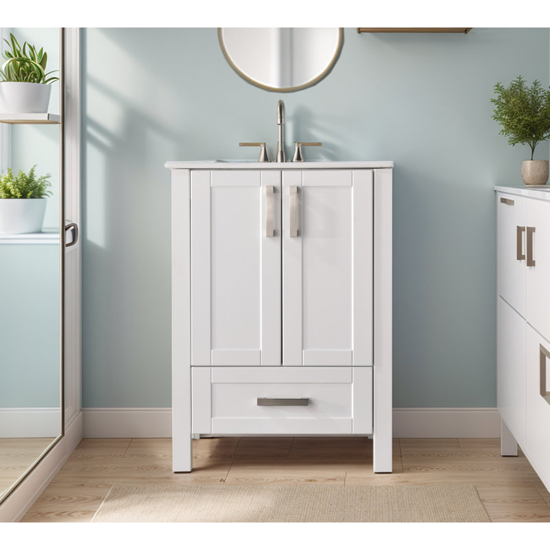 Meuble-lavabo simple autoportant blanc mat 24 po avec plateau en céramique 24 po