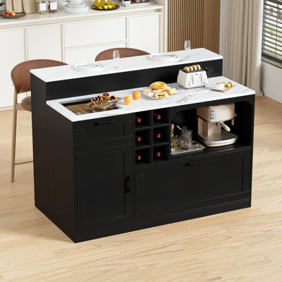 Kitchen Island With Storage,49'' Imitation Marble Countertop Island Table With Power Outlet,drawers,cabinet,shelves,coffee Bar Station With Wine Rack,buffet Sideboard Cabinet For Kitchen Dining Room