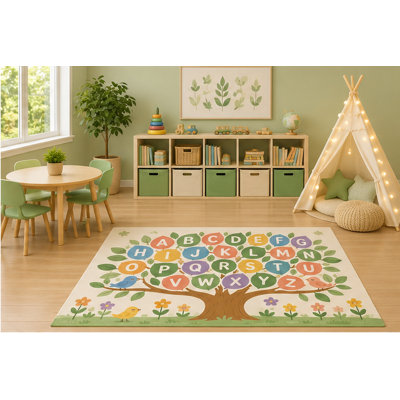 "Ultra Lightweight" 5'x7' Alphabet Tree Area Rug, Educational ABC Learning Play Mat with Birds and Nature Theme for Kids Classroom Nursery Playroom Decor, Non-Slip Silicone Backing Low Pile