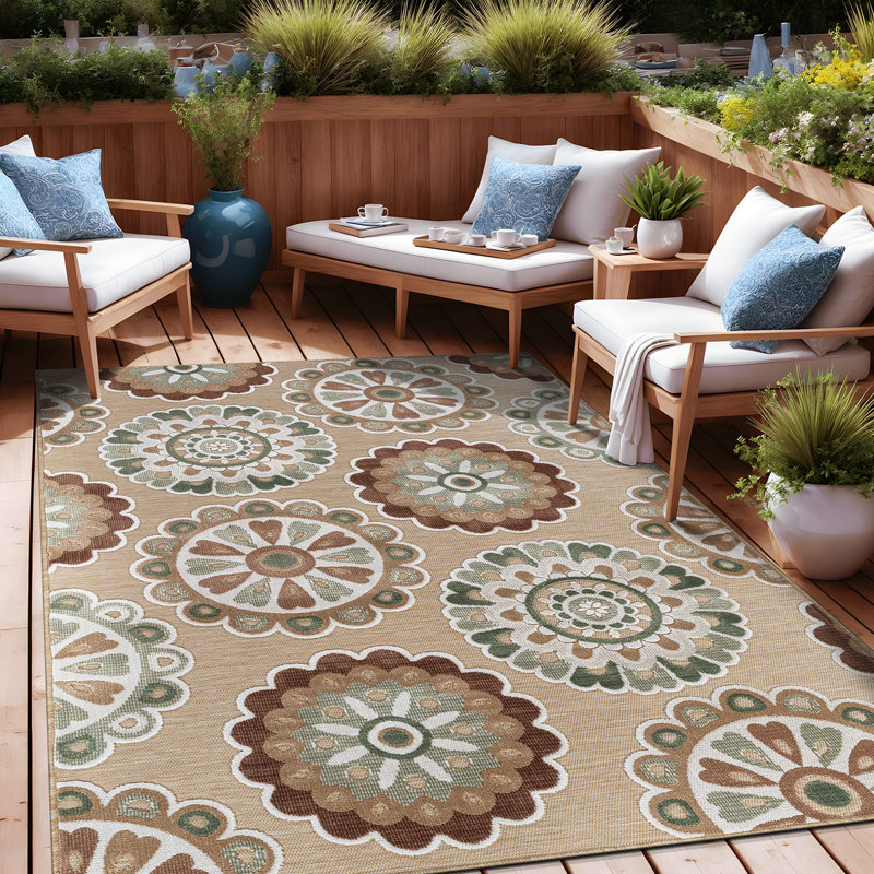 Tapis floral d'intérieur pour l'extérieur, Beige, Rectangle 9' x 12'