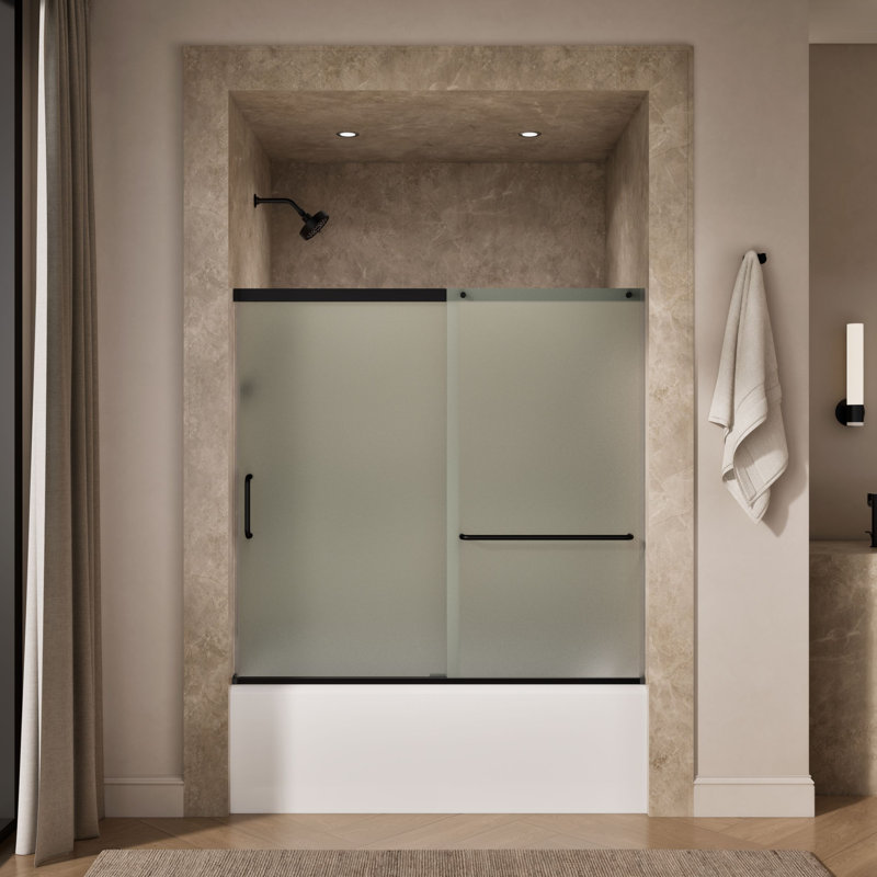 Elate Sliding Bath Door, 56-3/4-In H X 56-1/4 - 59-5/8-In W, With 1/4-In Thick Crystal Clear Glass, Black/Frosted