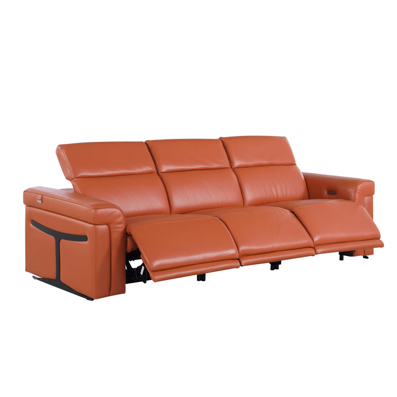 3-Power Seat Reclining Italian Leather Sofa With Power Headrest, Orange