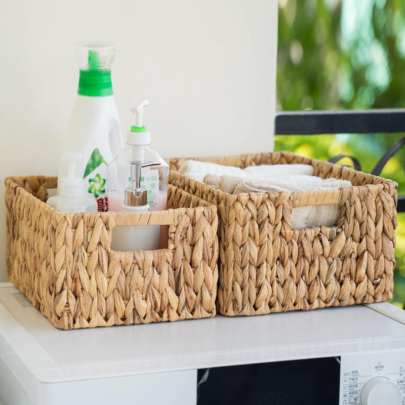 Wicker Baskets 2 Pack Handmade Big Wicker Storage Basket With Handles, Natural Water Hyacinth Wicker Baskets For Storage Shelves Organizing, Rectangle Wicker Basket