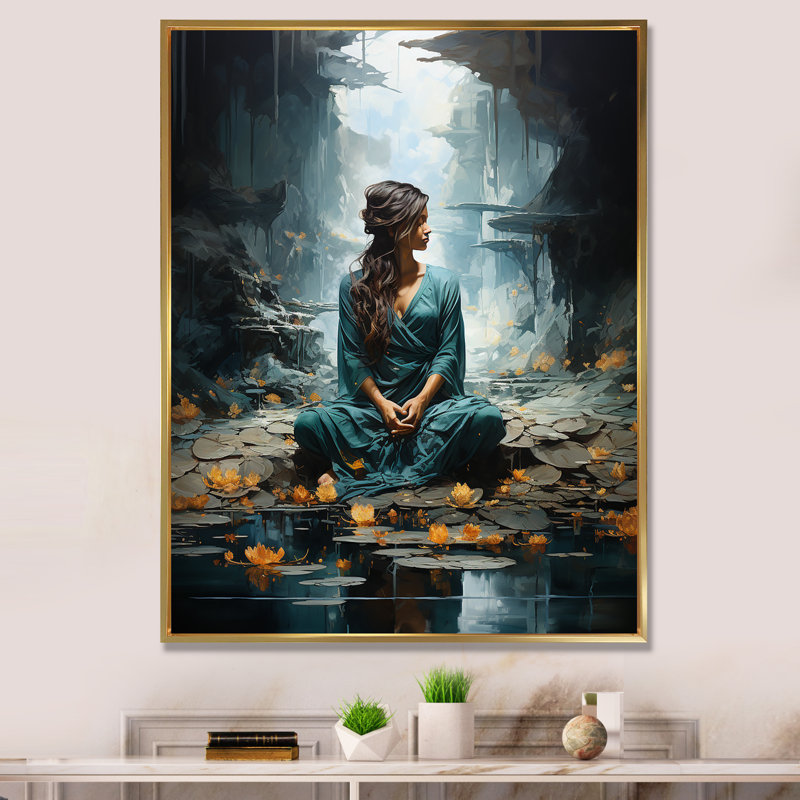«Hinduism Yogis Tranquil Cave Teal», reproduction sur toile, Cadre flottant doré, H 32 po x l 16 po x P 1 po