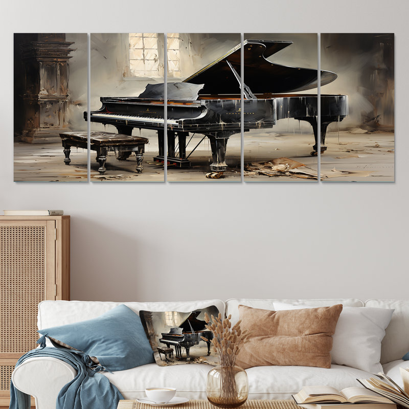 Minimalisme, piano à queue, mélodie II, ensemble de 5 pièces d'art mural, H 32 po x l 80 po