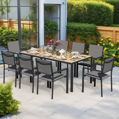 9 Piece Outdoor Patio Dining Set With 1 Rectangular Patio Table & 8 Textilene Stackable Chairs, Patio Dining Furniture For 8, Wpc Tabletop And All-wea by Ebern Designs