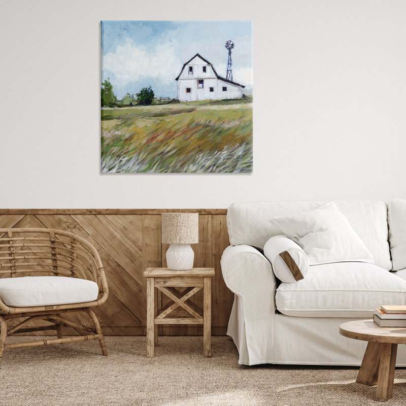 Illustration de toile de grange avec moulin à vent et herbe, design par Susan Winget, H 36 po x l 36 po