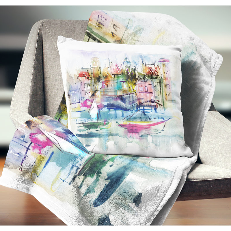 Coussin paysage maisons et bateaux, 16 po x 1 po, Coussin décoratif
