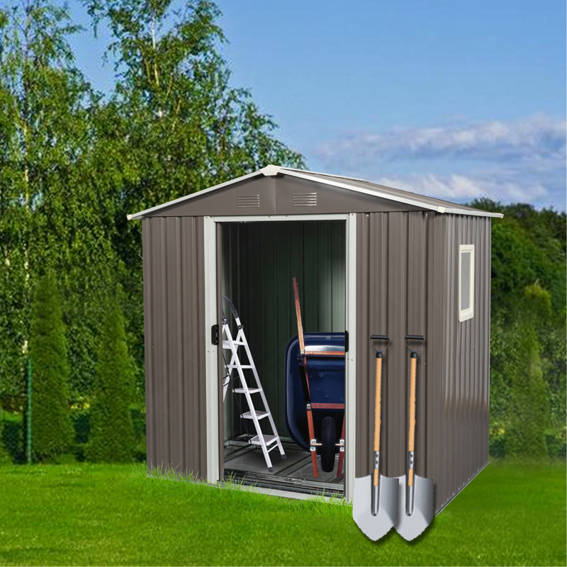 6 x 5 FT Gray Metal Storage Shed, Outdoor Weatherproof Garden Shed with Window, Gray, 72.44" H x 46.85" W x 72.44" D