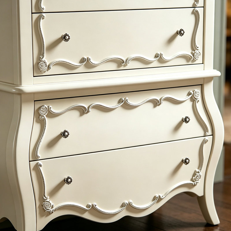 Commode à 5 tiroirs en pin massif blanc perle avec détails sculptés