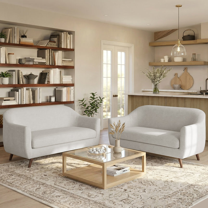 Kaya 2 Pieces Modern Upholstered Living Room Sofa Set, Light Gray