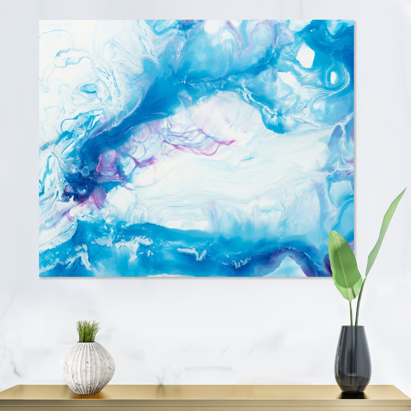 Abstrait blanc et bleu liquide - peinture sur toile, H 16 po x l 32 po, Toile tendue