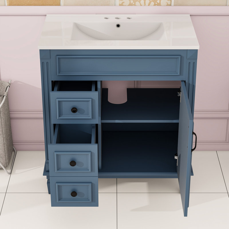 Meuble-lavabo avec lavabo en céramique, 2 tiroirs et tablette réglable, Bleu