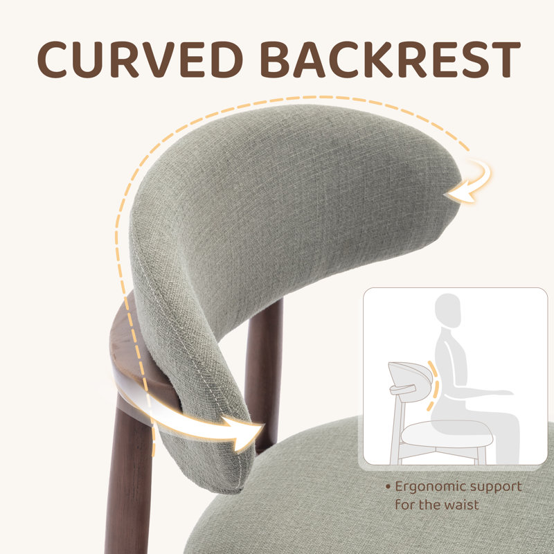  Solid Wood Upholstered Dining Chair - Ergonomic Curved Back, Comfort Fabric, Green Fabric, Walnut