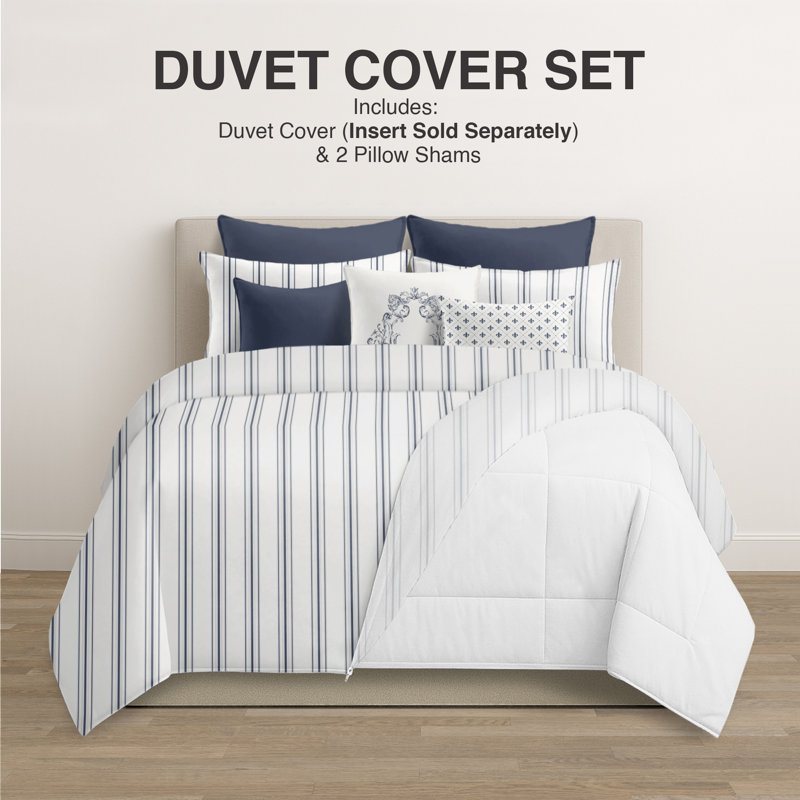 August Stripe Reversible Cotton Duvet Cover Set, Queen Duvet Cover + 2 Queen Shams, Denim