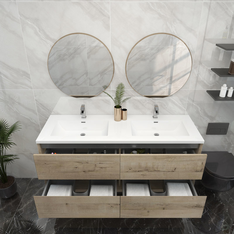 60'' Double Bathroom Vanity with Acrylic Top, White Oak