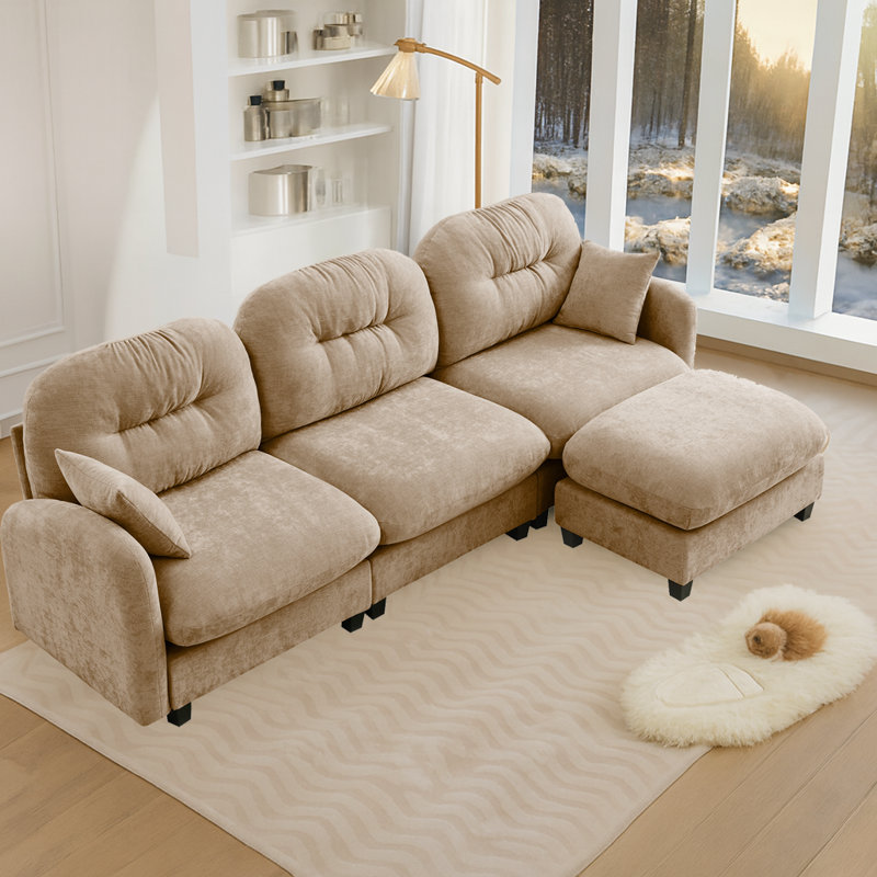 Petit canapé modulaire en forme de L 107 po avec repose-pieds en chenille moelleuse, Tanné