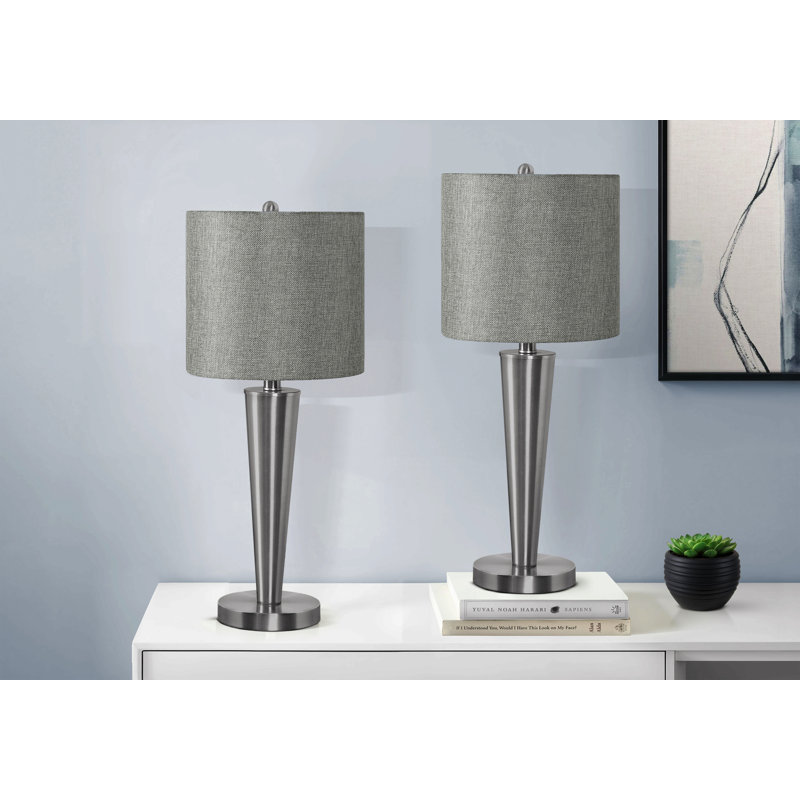 Éclairage, ensemble de 2, H 24 po, lampe de table, port USB inclus, métal, abat-jour, contemporain, Gris, Argent argent