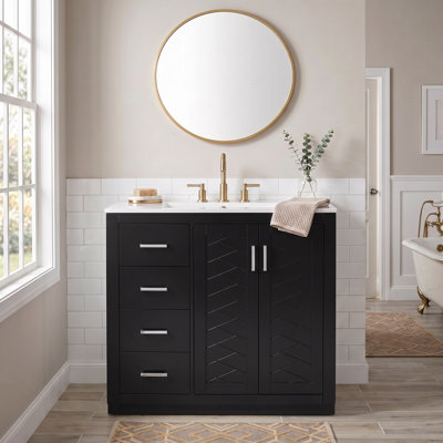 Ensemble de meuble-lavabo 36 po avec lavabo en céramique, armoire de rangement en bois massif, ensemble de meuble-lavabo autoportant avec 3 tiroirs et portes à fermeture douce