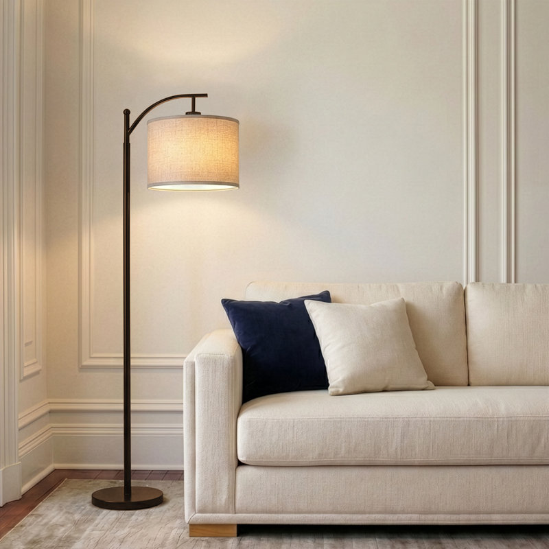 Montage 62" Traditional LED Arched Floor Lamp with Brown Finish and White Fabric Drum Shade, Bulb Included, Brown