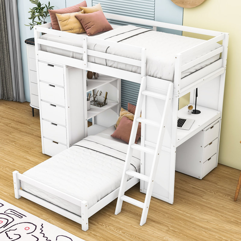Lit superposé en bois simple au-dessus de simple avec lumière DEL et tiroirs Janarius, Blanc