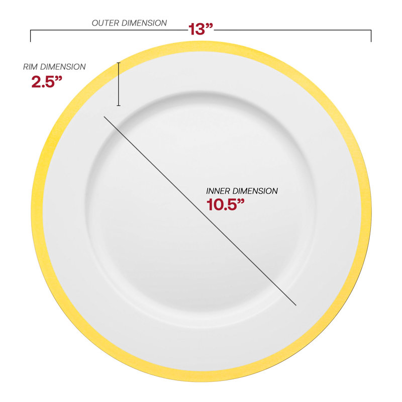 Assiettes de présentation rondes jetables en plastique blanc à bordure dorée (13 pouces) - 60 assiettes
