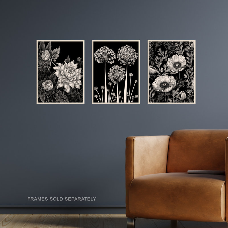 Elegant Single Allium Anemone Dahlia Flowers Black White - 3 Piece No Frame Print Set, 29.7cm H x 21cm W x 0.4cm D