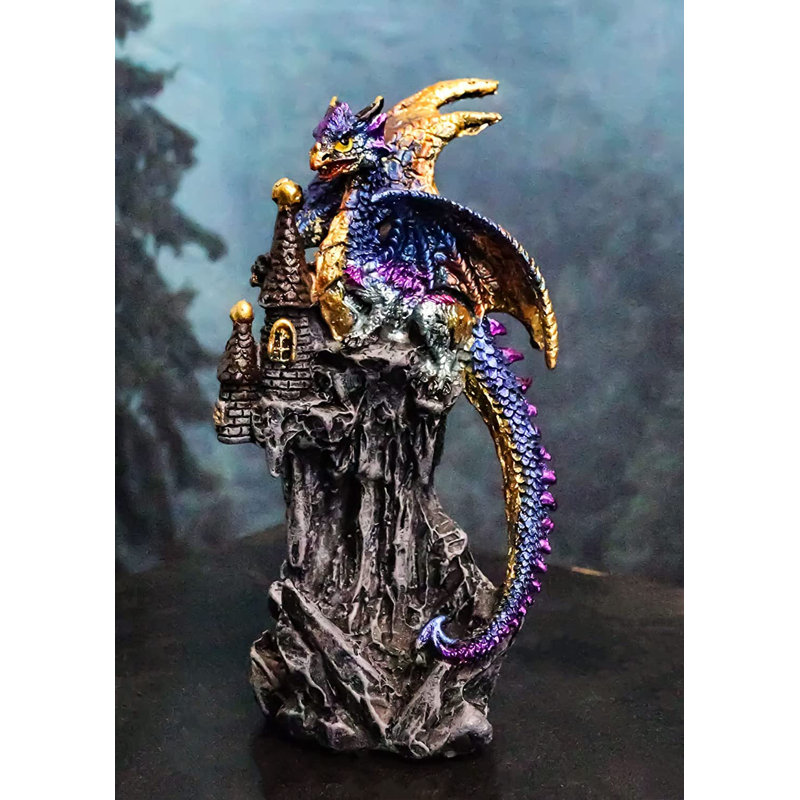 Figurine dragon 4,25 "H sur château, Gris / mauve / doré