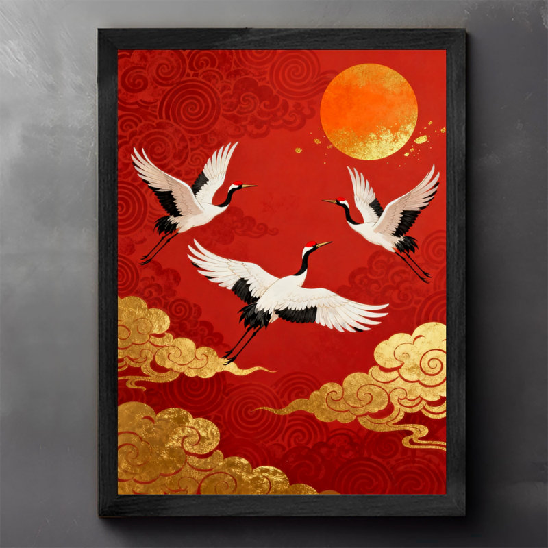 «Black Cranes Vintage Cranes» déploient leurs ailes et volent - longévité et bon augure, reproduction d'art encadrée de style rétro
