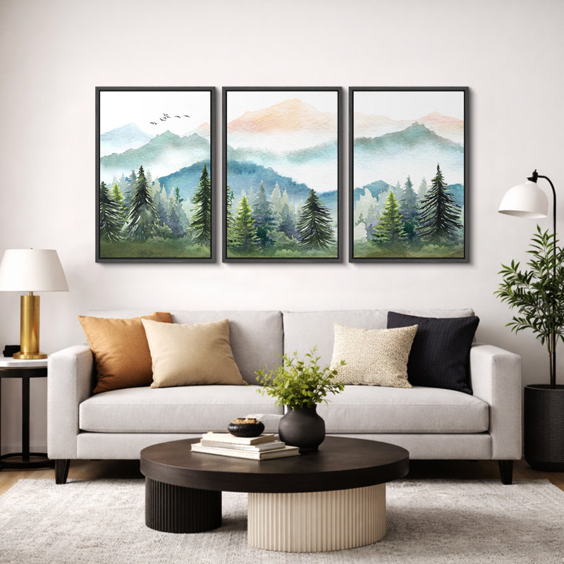 «Woodland Forest Landscape», aquarelle verte, arbre de pin pastel de montagne, images murales rustiques neutres et modernes, impression d'art sur toile encadrée, ensemble de 16 pièces x 16 po x 3 pièces, 24 po x 36 po x 3 pièces